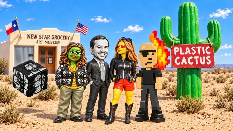 Five plastic figures of the exhibiting artists standing in scrub desert outside the New Star Grocery Art Museum, between a Texas flag and a green cactus hung with a hand-painted Plastic Cactus sign.